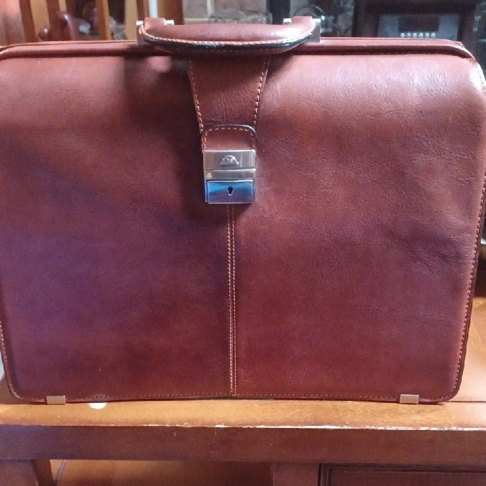 Brown Leather Briefcase with Polished Finish and Metal Hardware